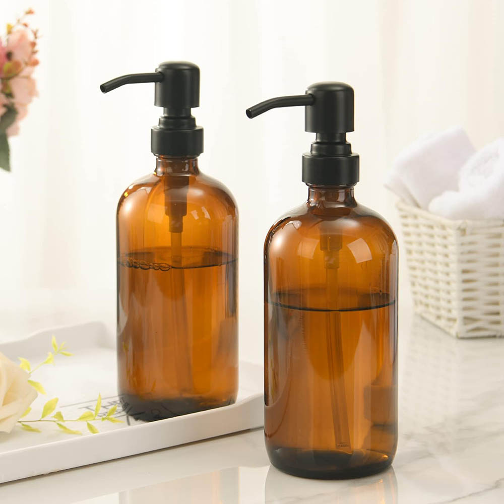 Glass Soap Dish - Amber glazen zeepdispenser met zwarte pomp,