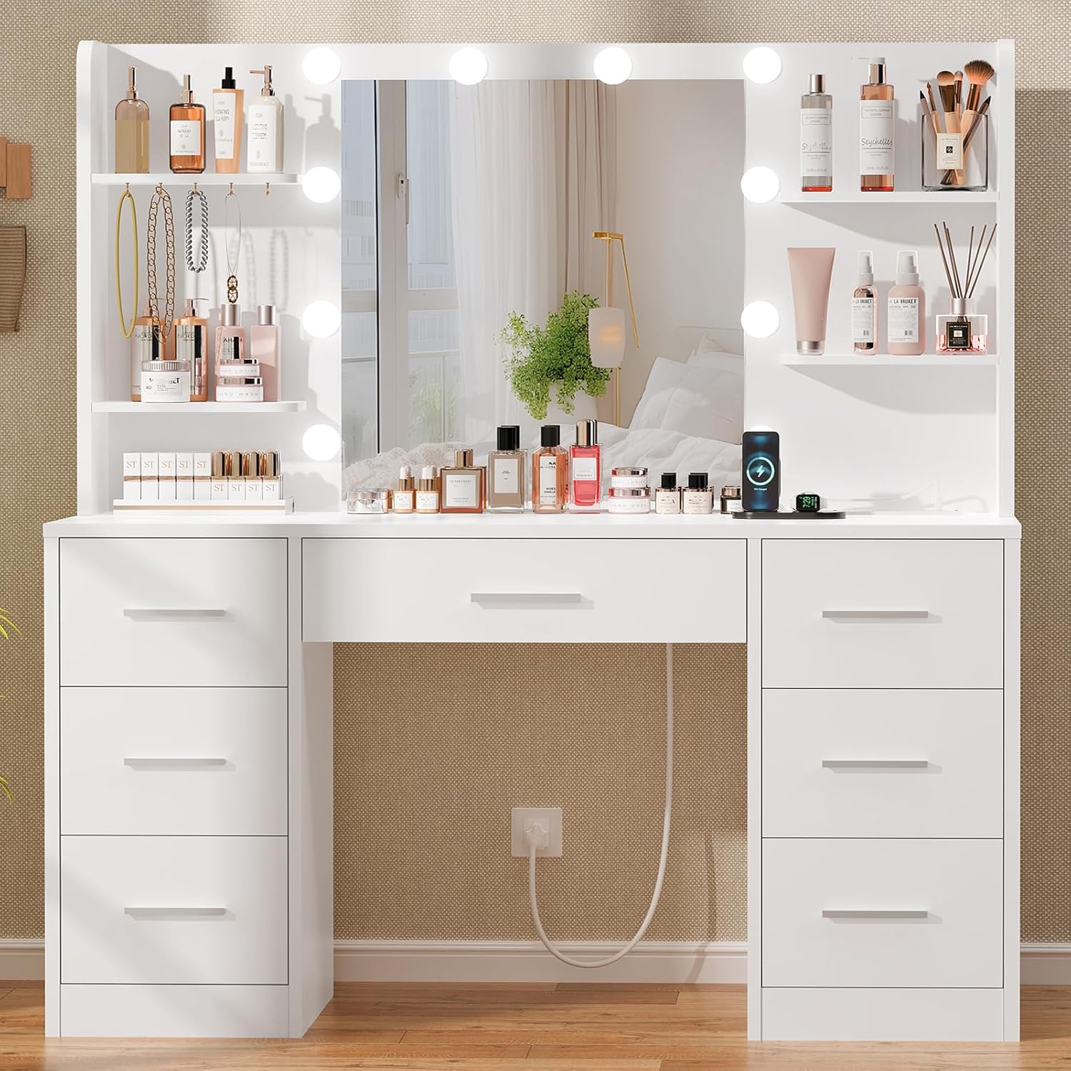 Home Outlet Bathroom Mirrors - Grote kaptafel met LED-verlichte spiegel, stopcontact,