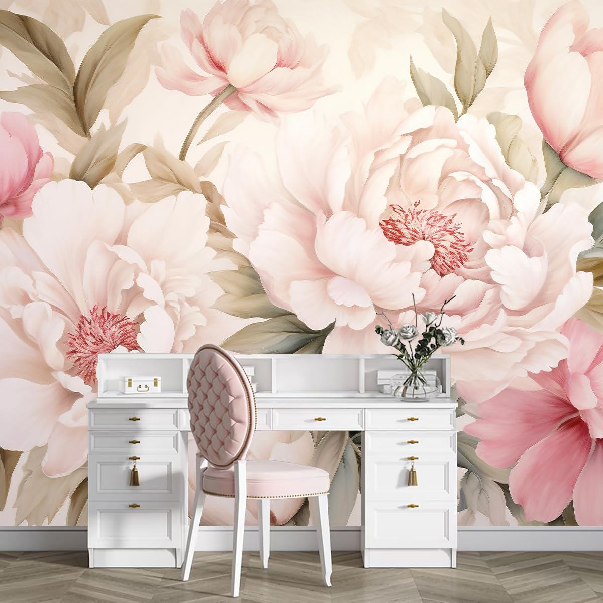 Home Bathroom Vanity - Elegante pioenroos bloemenmuurschildering behang make-up tafelset